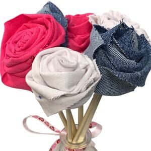 Handmade Upcycled Denim TShirt Valentine's Day Gift 6 Rose Bouquet in Glass Vase